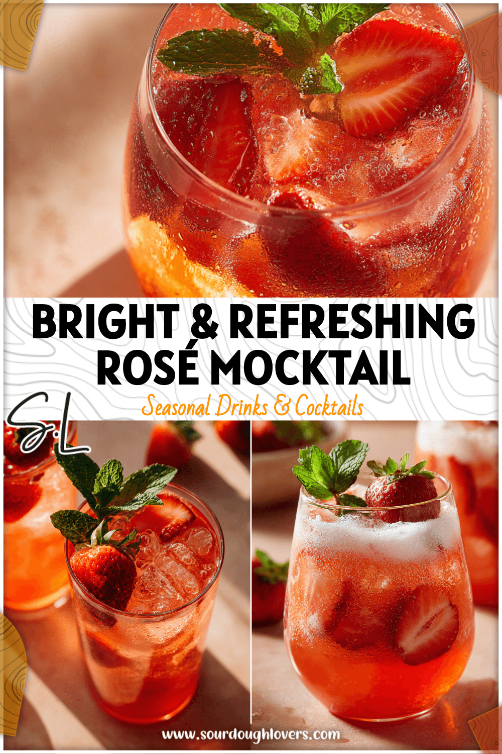 Beautiful glass of Strawberry Rosé Mocktail garnished with fresh strawberries and mint, a colorful Non Alcoholic Drink Recipe.